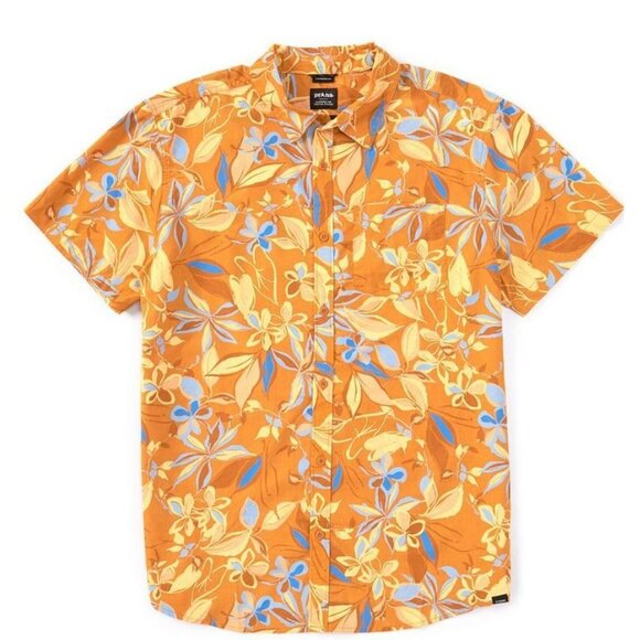 Prana Mens Organic Cotton Stimmersee Ochre Star Floral Short Sleeve Shirt Large - Picture 1 of 11